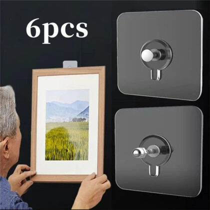 6Pcs PVC Strong Adhesive Seamless Wall Hooks – Waterproof & Durable Transparent Hook Set for Kitchen & Bathroom